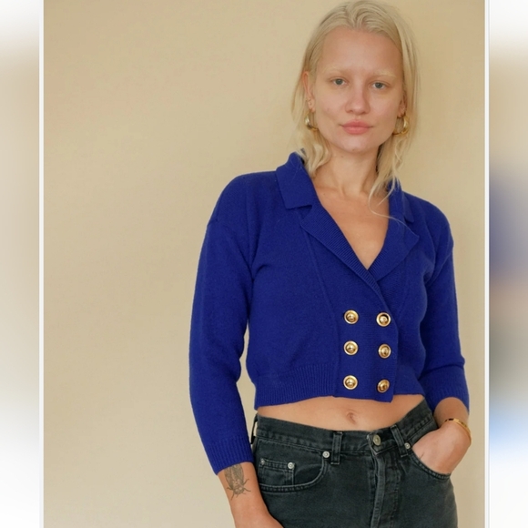 Vintage ADELE JOYCE Petites cobalt blue 100%wool button front cardigan sweater.M - Picture 1 of 10